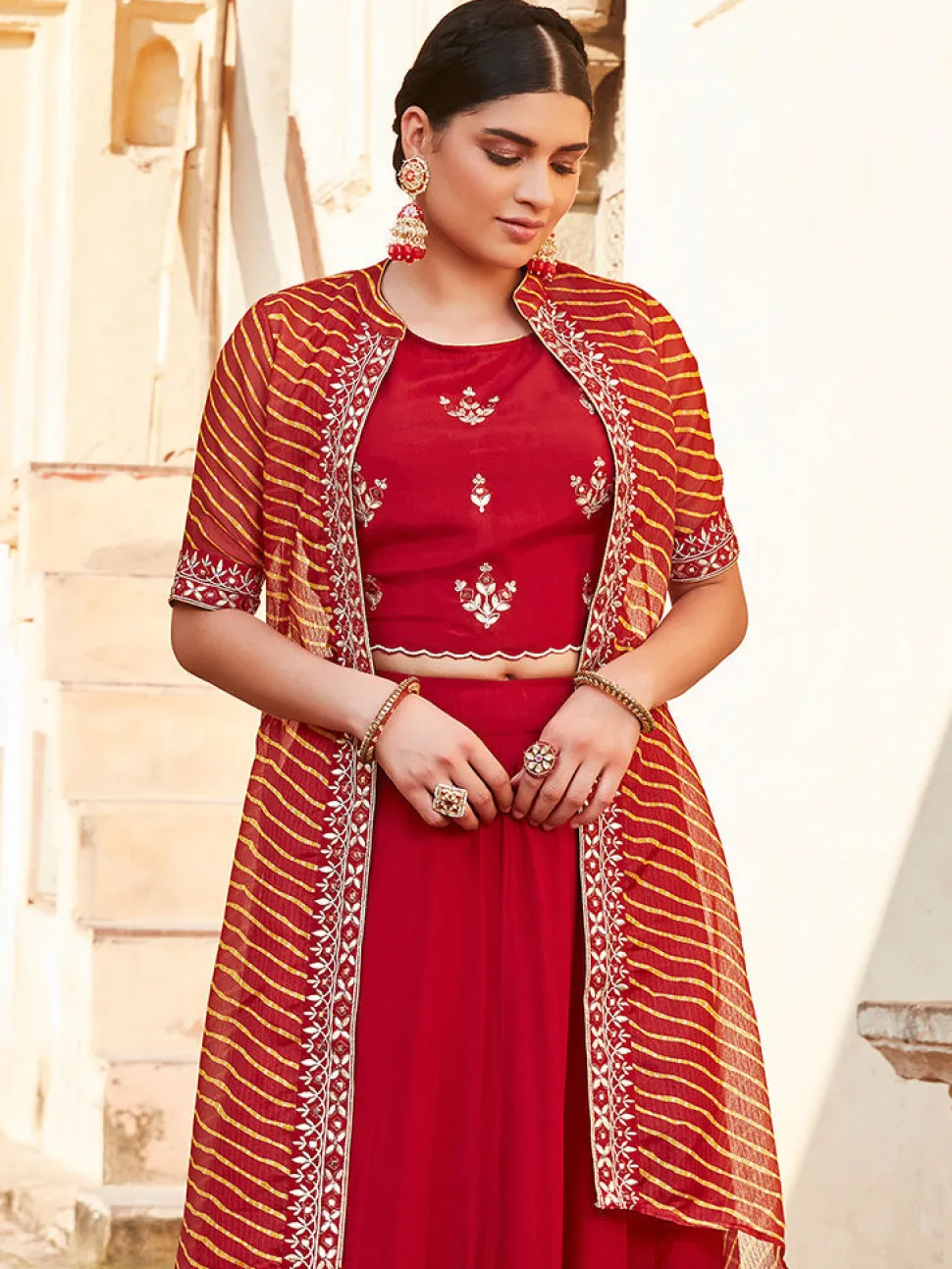 Jaipur Kurti Gota Patti Embroide Crop Top And Skirt With Bandhej Kota Silk Embroide Shrug