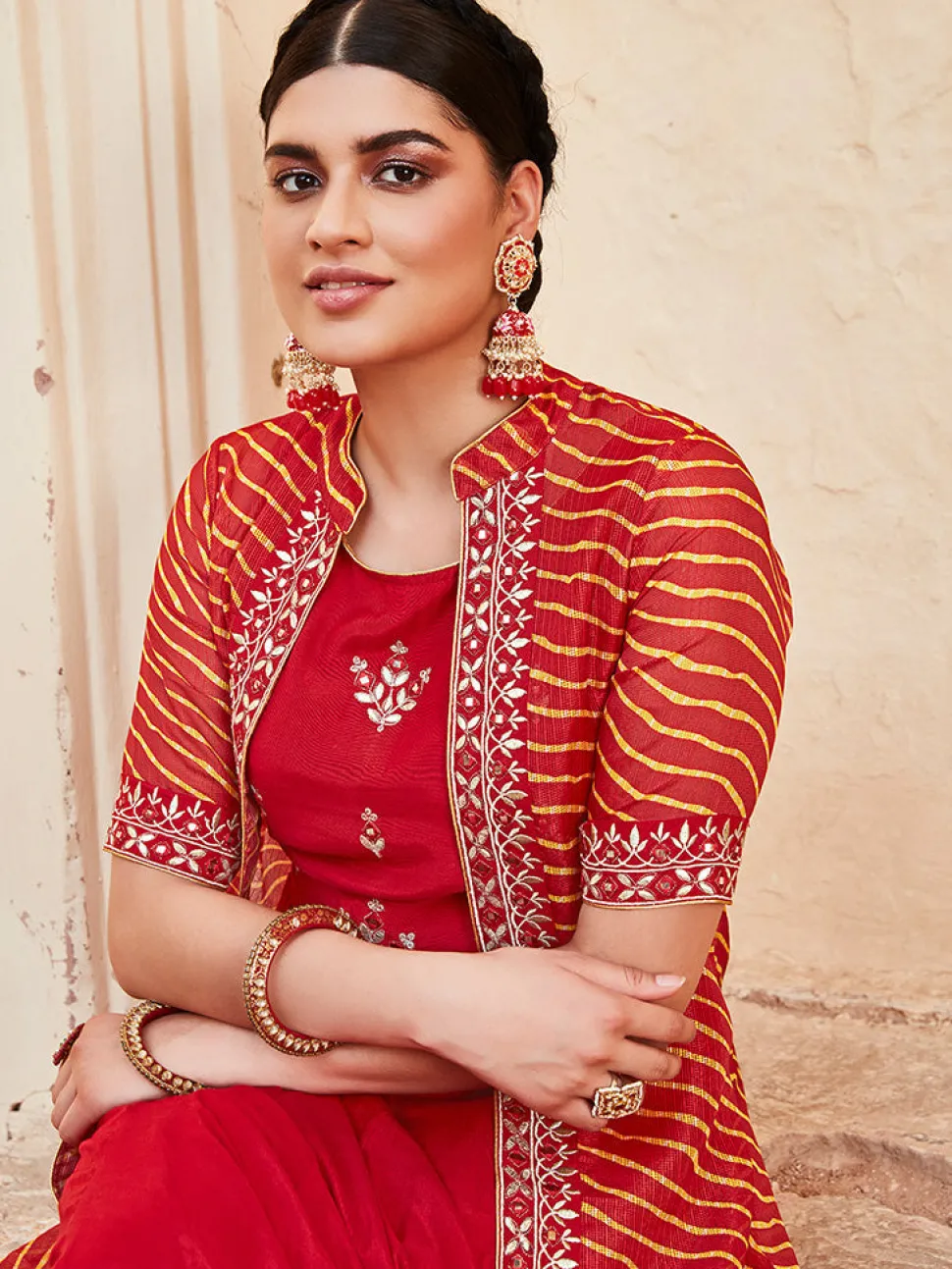 Jaipur Kurti Gota Patti Embroide Crop Top And Skirt With Bandhej Kota Silk Embroide Shrug