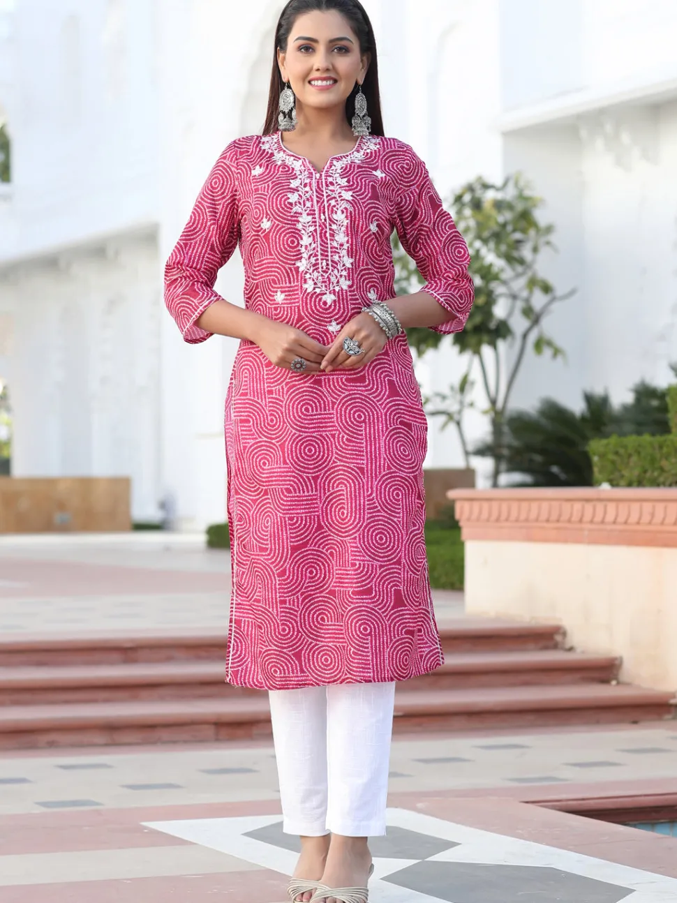 Jaipur Kurti Red Mirror Work Embroidered Muslin Straight Kurta With White Cotton Straight Fit Tousers