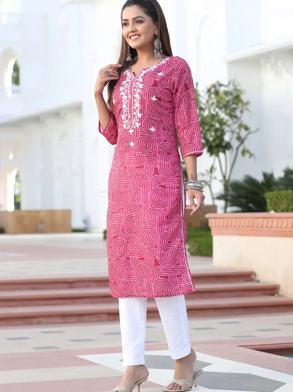 Jaipur Kurti Red Mirror Work Embroidered Muslin Straight Kurta With White Cotton Straight Fit Tousers