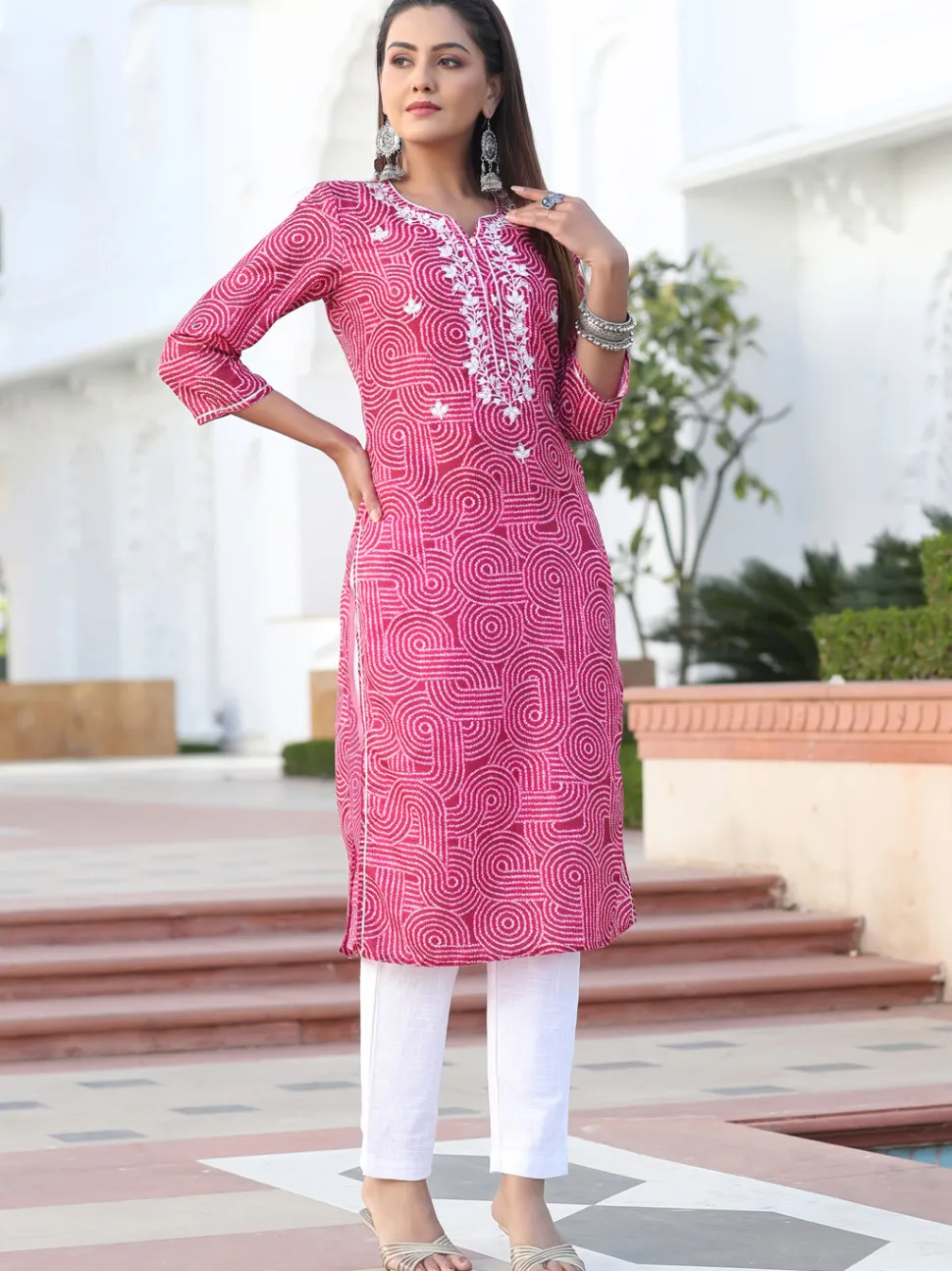 Jaipur Kurti Red Mirror Work Embroidered Muslin Straight Kurta With White Cotton Straight Fit Tousers