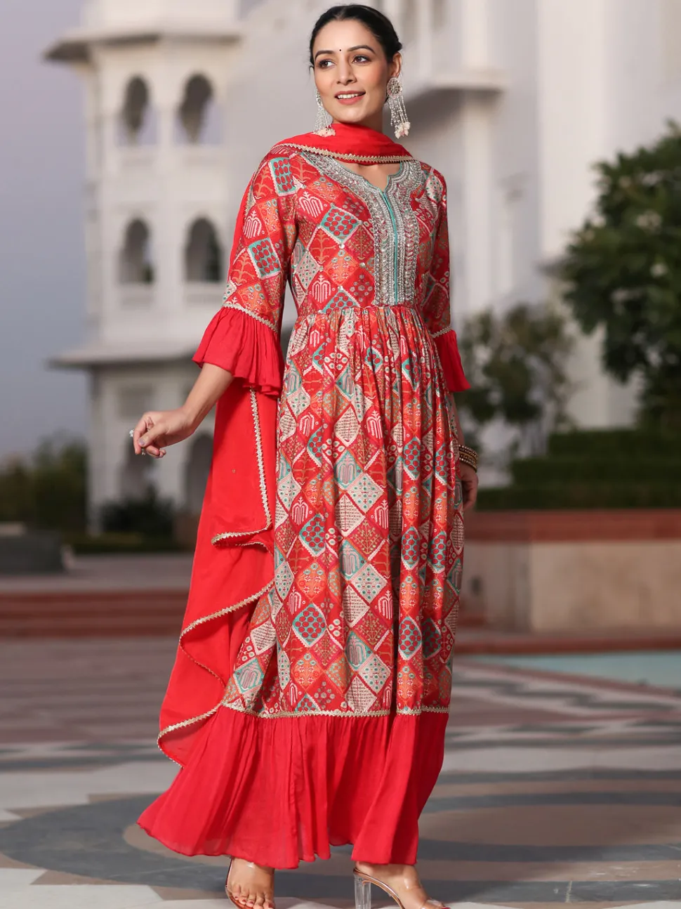 Jaipur Kurti Muslin Digital Printed Embroide Fla Kurta With Solid Dupatta