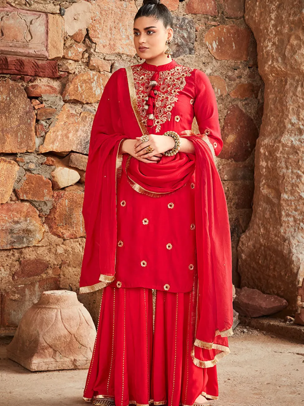 Jaipur Kurti Straight Embroidery Silk Kurta With Sharara And Organza Dupatta