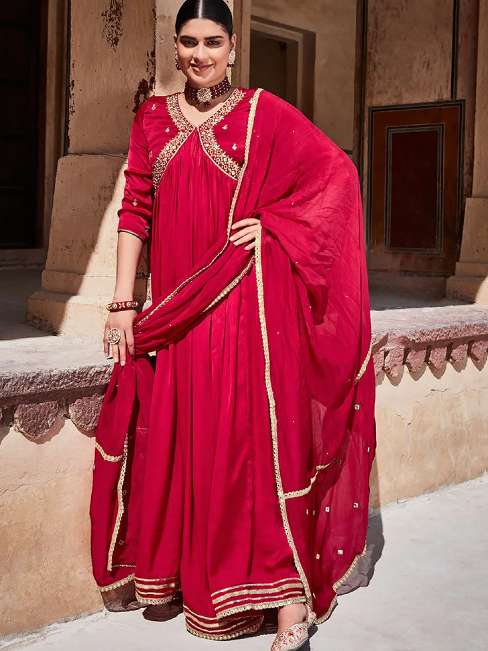 Jaipur Kurti Zardosi Embroide Silk Long Kurta Pai With Embrodie Organza Dupatta