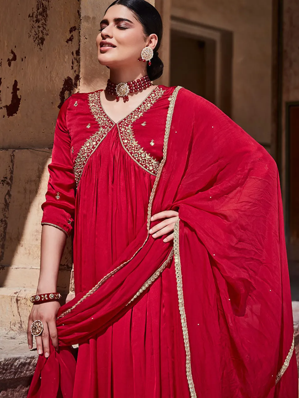 Jaipur Kurti Zardosi Embroide Silk Long Kurta Pai With Embrodie Organza Dupatta