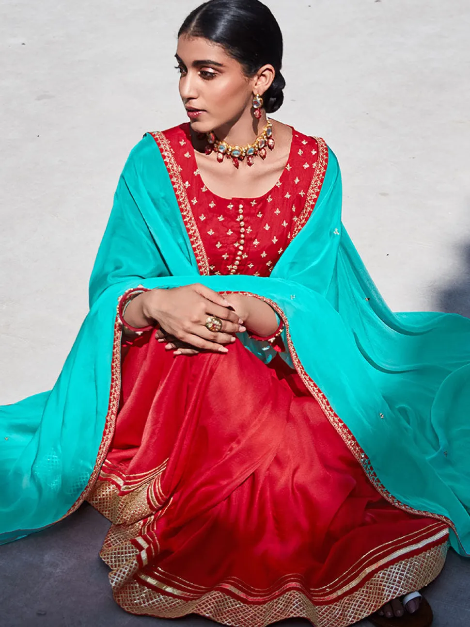 Jaipur Kurti Zari Work Floor Length Anarkali Kurta With Sea Green Organza Embellished Dupatta