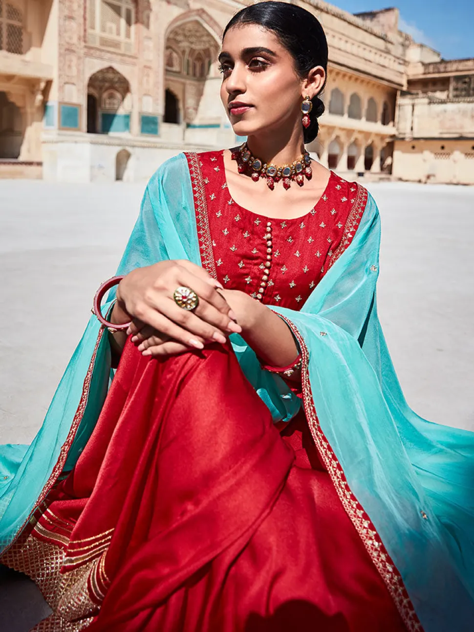 Jaipur Kurti Zari Work Floor Length Anarkali Kurta With Sea Green Organza Embellished Dupatta