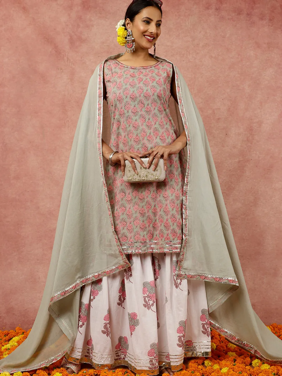 Jaipur Kurti Sage Ethnic Floral Printed Straight Kurta With White Printed Sharara And Dupatta