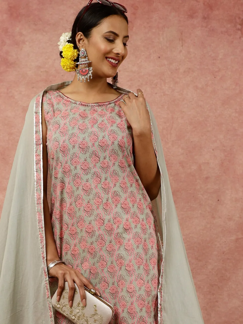 Jaipur Kurti Sage Ethnic Floral Printed Straight Kurta With White Printed Sharara And Dupatta