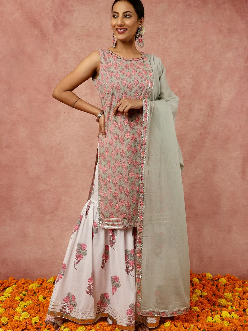 Jaipur Kurti Sage Ethnic Floral Printed Straight Kurta With White Printed Sharara And Dupatta