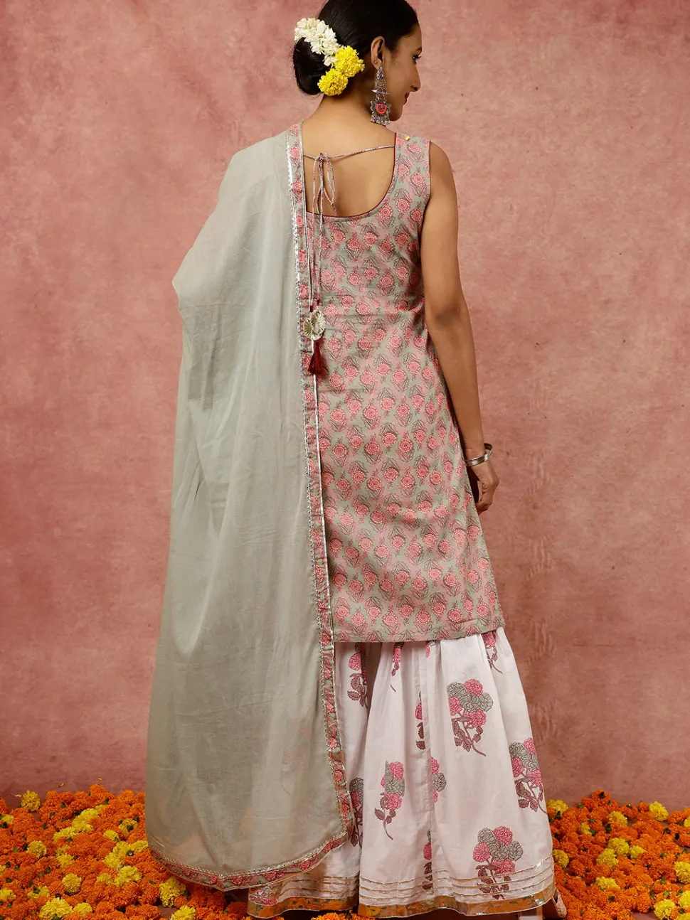 Jaipur Kurti Sage Ethnic Floral Printed Straight Kurta With White Printed Sharara And Dupatta