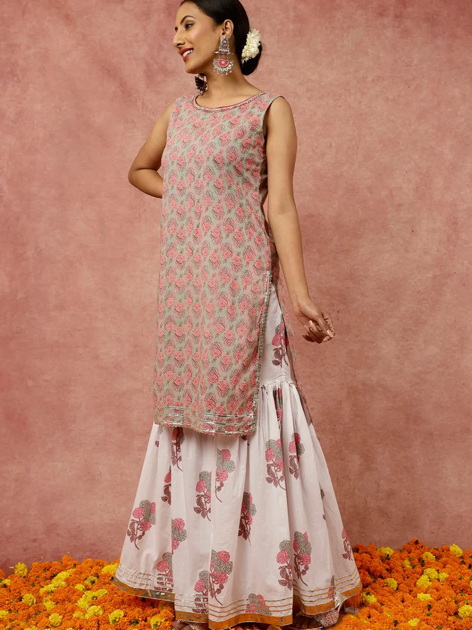 Jaipur Kurti Sage Ethnic Floral Printed Straight Kurta With White Printed Sharara And Dupatta