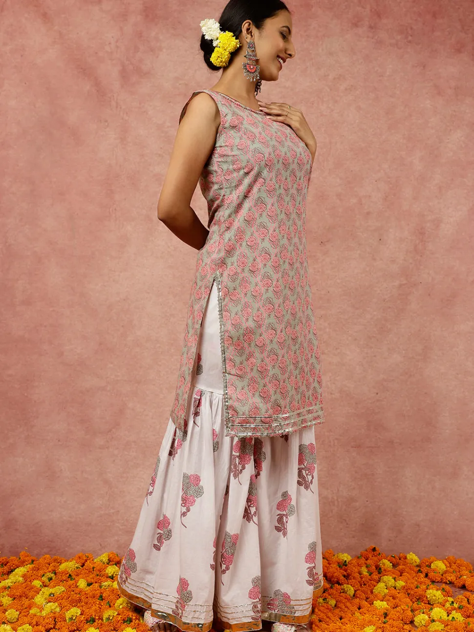 Jaipur Kurti Sage Ethnic Floral Printed Straight Kurta With White Printed Sharara And Dupatta