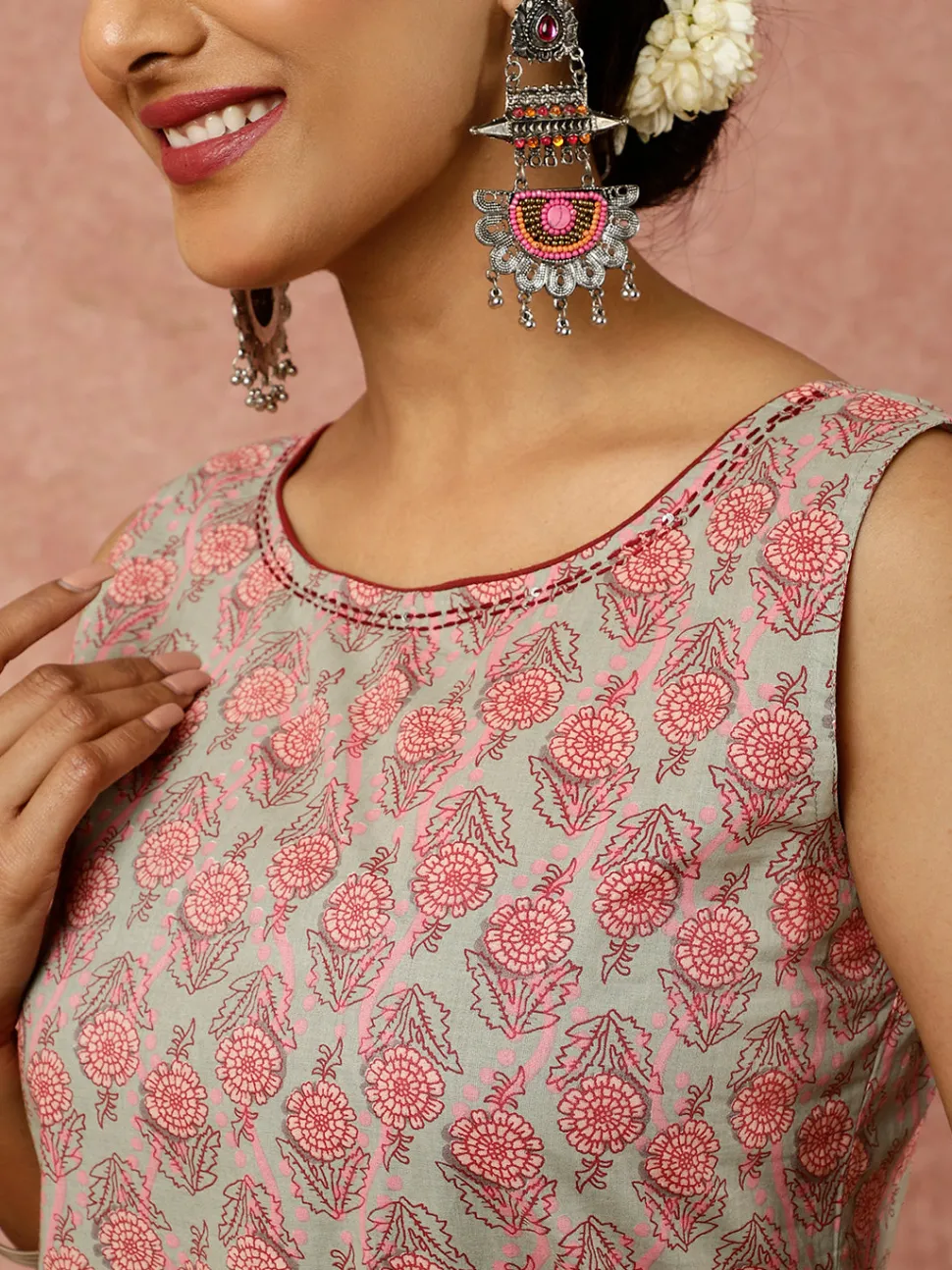 Jaipur Kurti Sage Ethnic Floral Printed Straight Kurta With White Printed Sharara And Dupatta