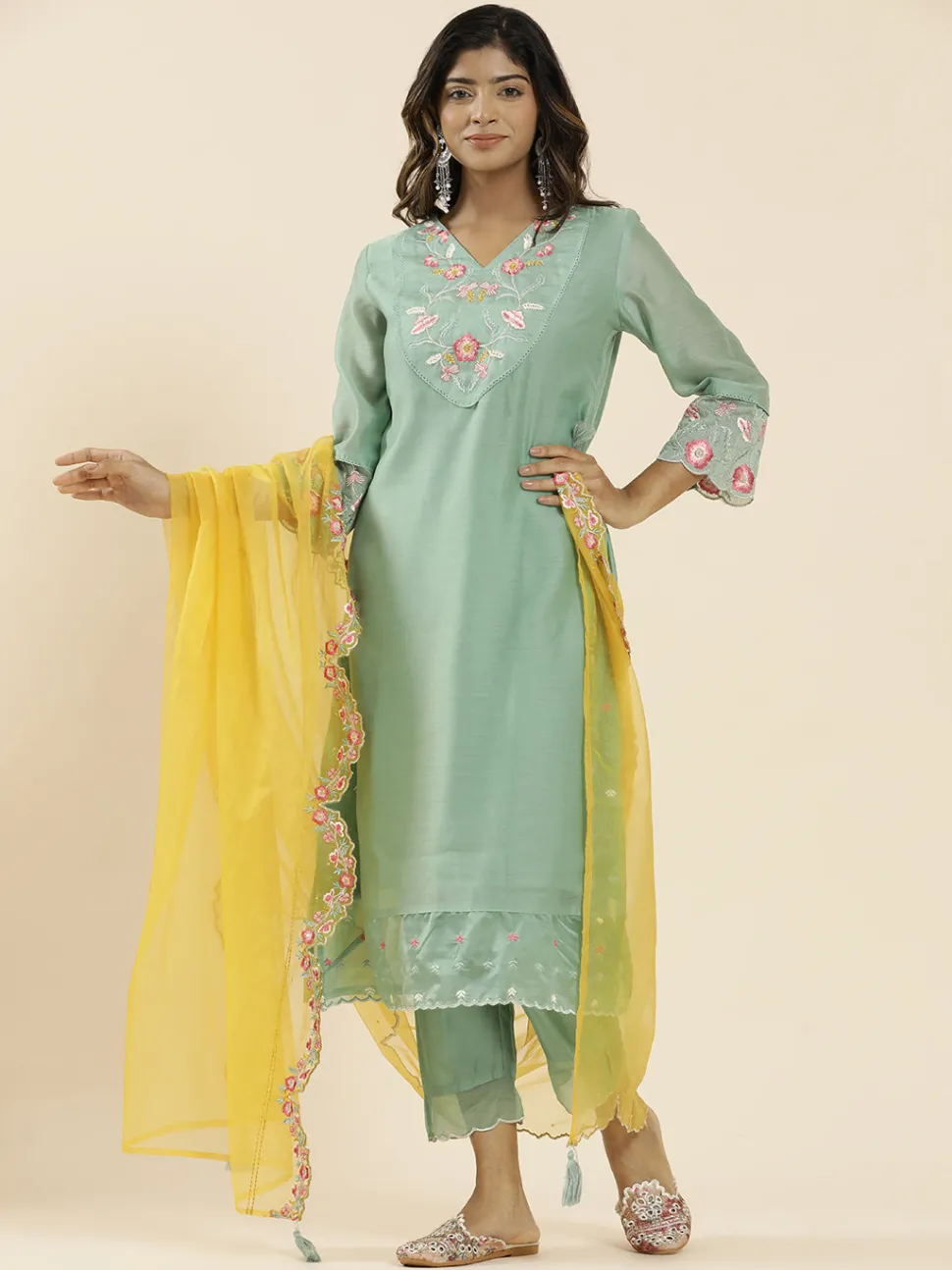 Jaipur Kurti Sea Green Aari Work Straight Kurta With Pants And Dupatta