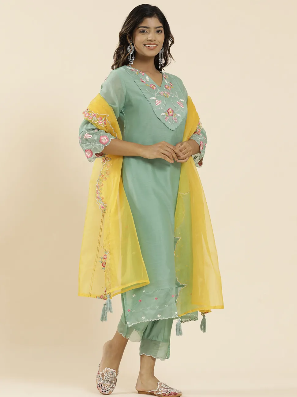 Jaipur Kurti Sea Green Aari Work Straight Kurta With Pants And Dupatta