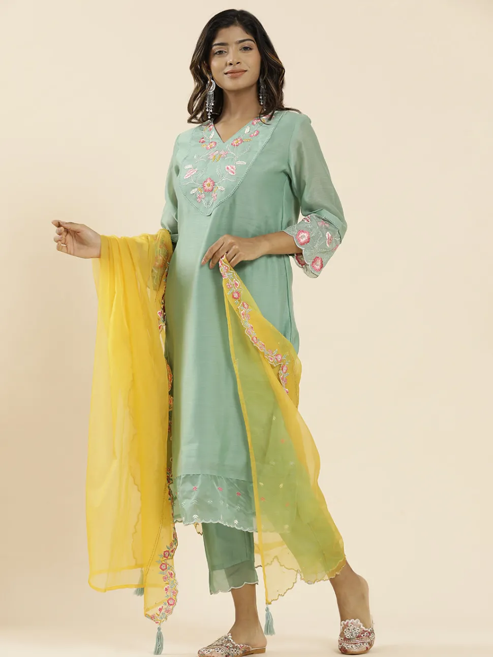 Jaipur Kurti Sea Green Aari Work Straight Kurta With Pants And Dupatta