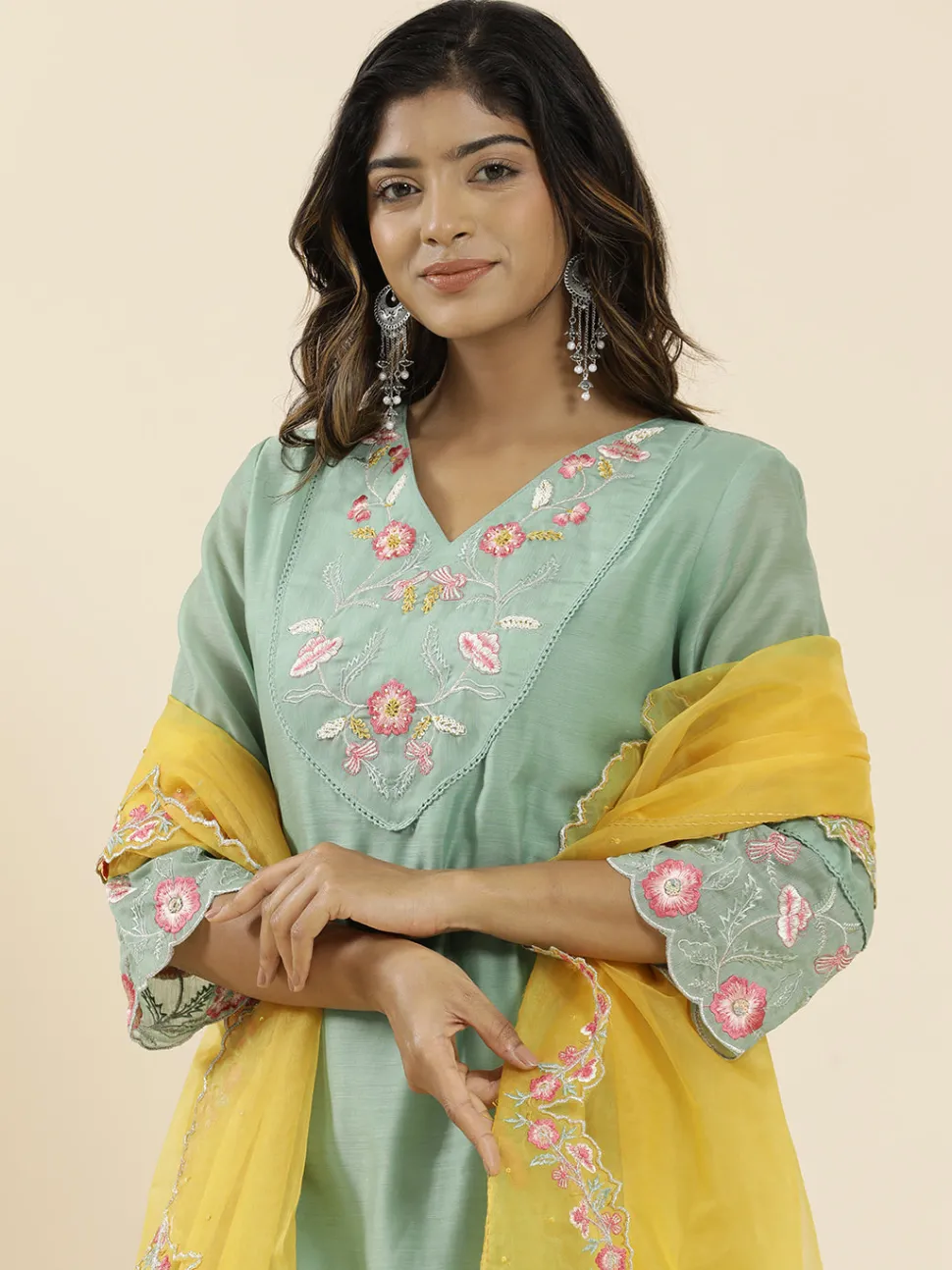 Jaipur Kurti Sea Green Aari Work Straight Kurta With Pants And Dupatta