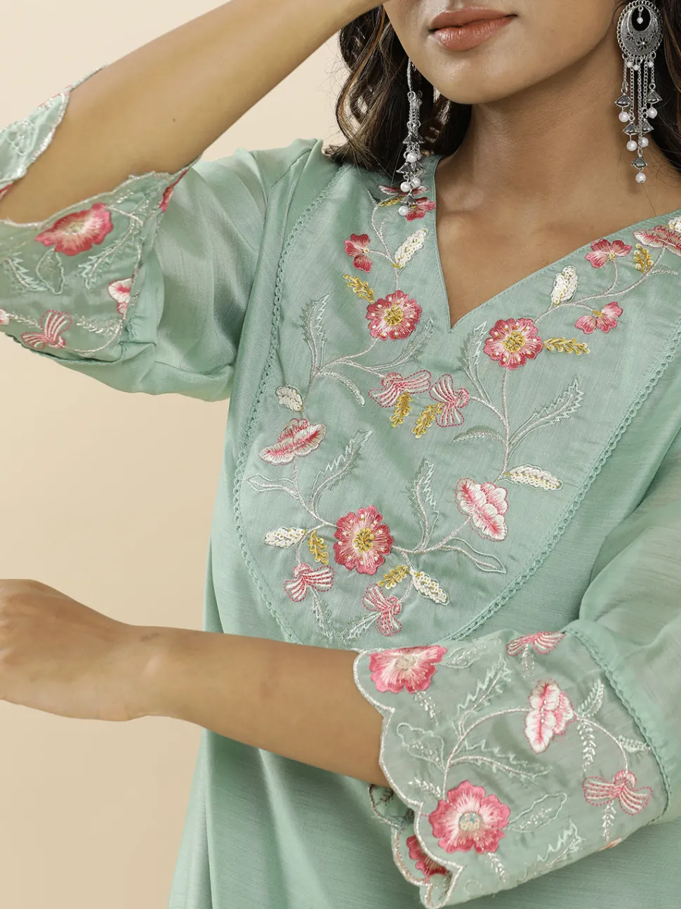 Jaipur Kurti Sea Green Aari Work Straight Kurta With Pants And Dupatta