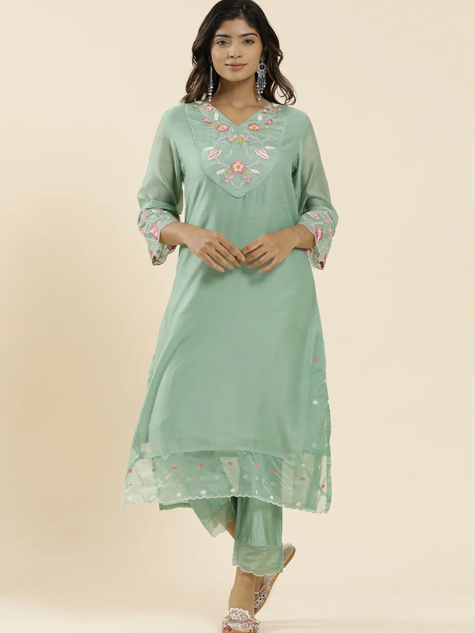 Jaipur Kurti Sea Green Aari Work Straight Kurta With Pants And Dupatta