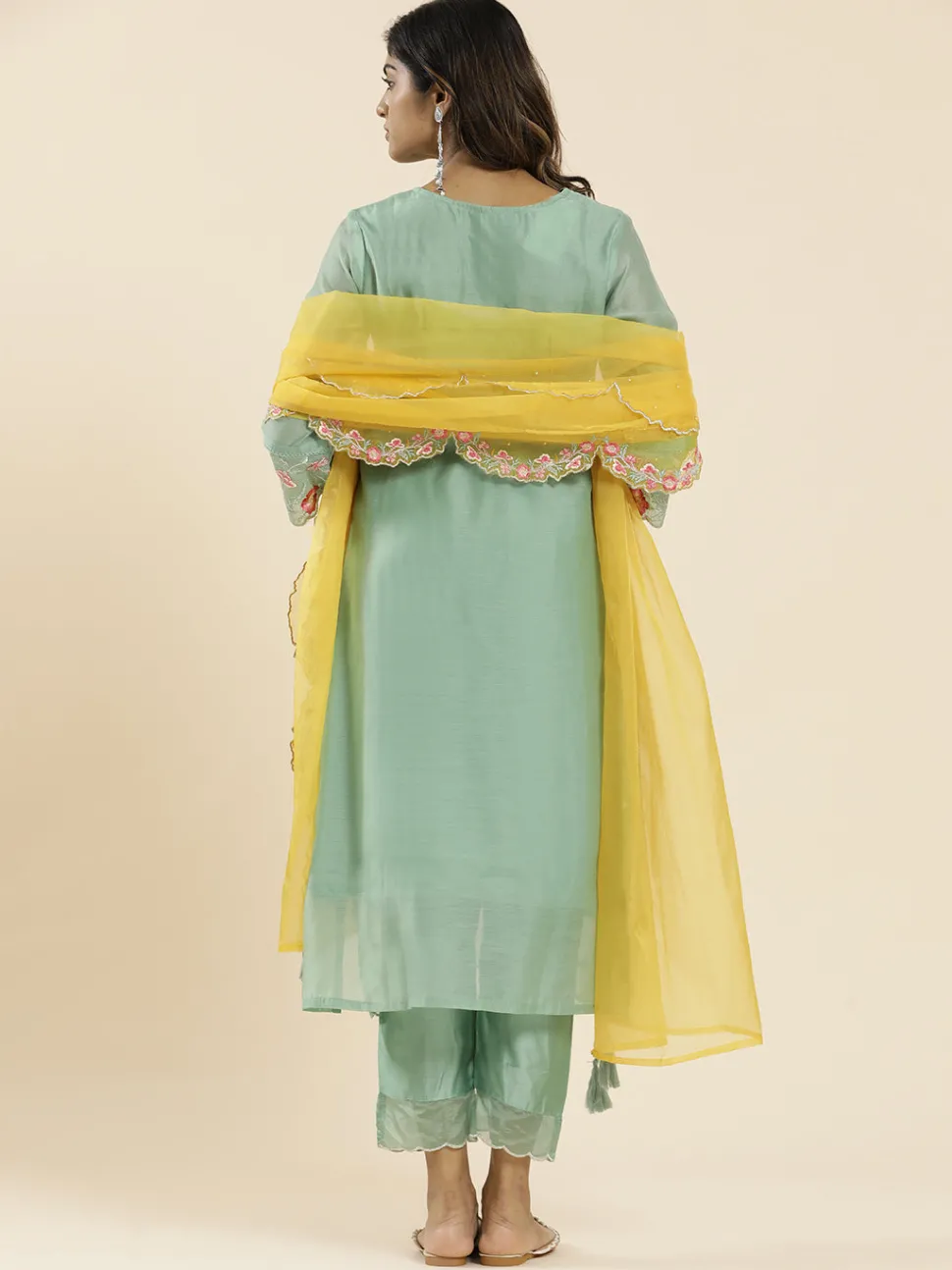 Jaipur Kurti Sea Green Aari Work Straight Kurta With Pants And Dupatta