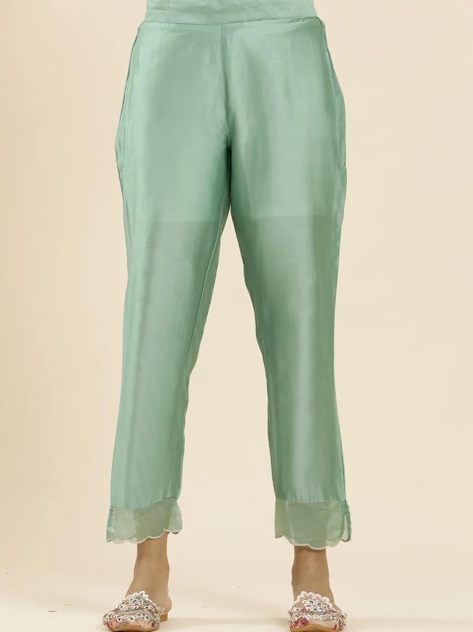 Jaipur Kurti Sea Green Aari Work Straight Kurta With Pants And Dupatta
