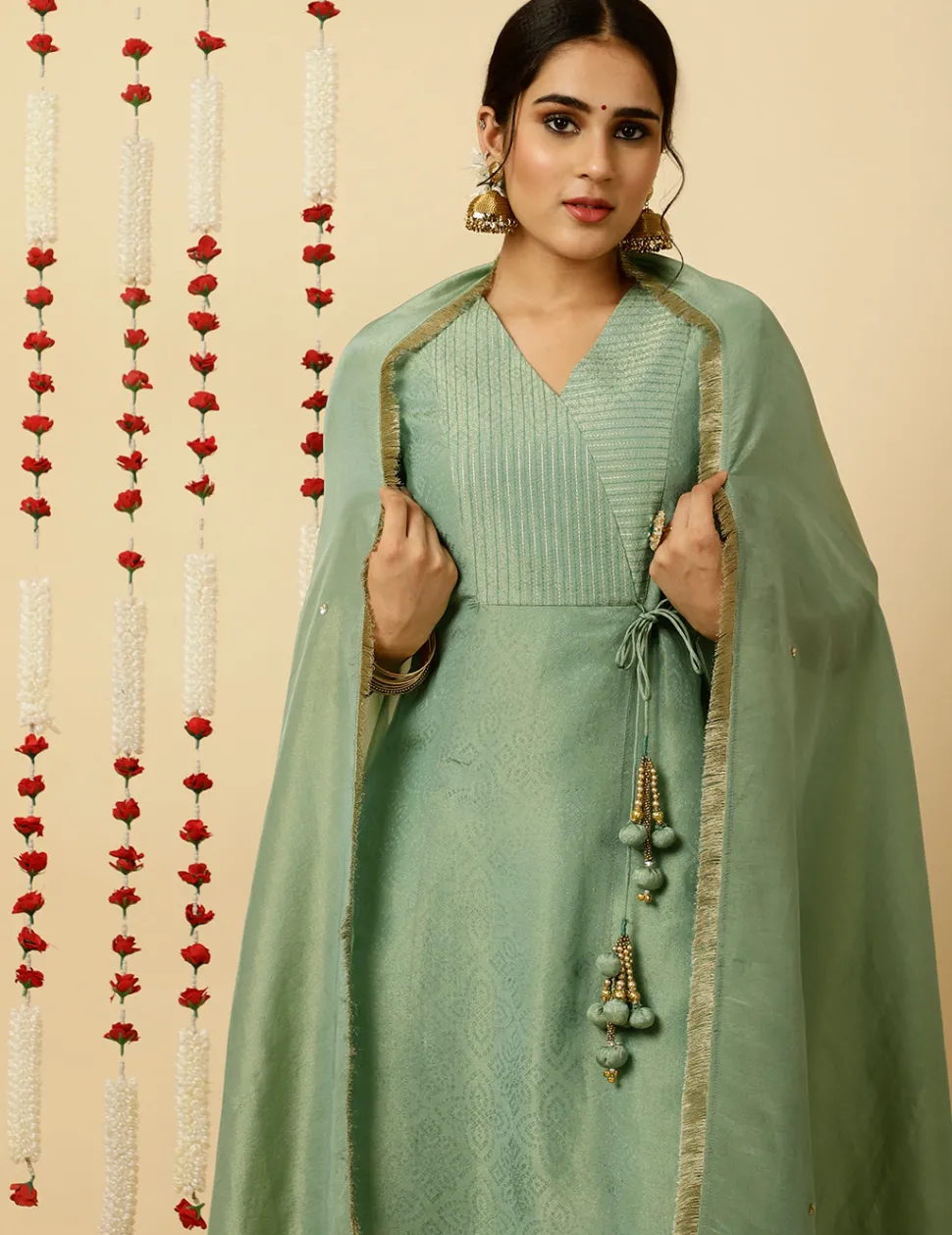 Jaipur Kurti Sea Green A-line Silk Kantha Work Kurta With Pants And Dupatta