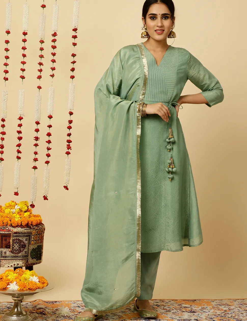 Jaipur Kurti Sea Green A-line Silk Kantha Work Kurta With Pants And Dupatta