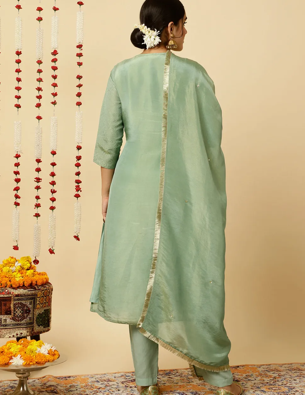 Jaipur Kurti Sea Green A-line Silk Kantha Work Kurta With Pants And Dupatta