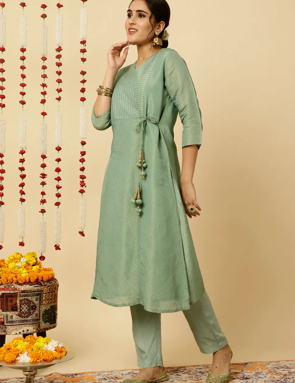 Jaipur Kurti Sea Green A-line Silk Kantha Work Kurta With Pants And Dupatta