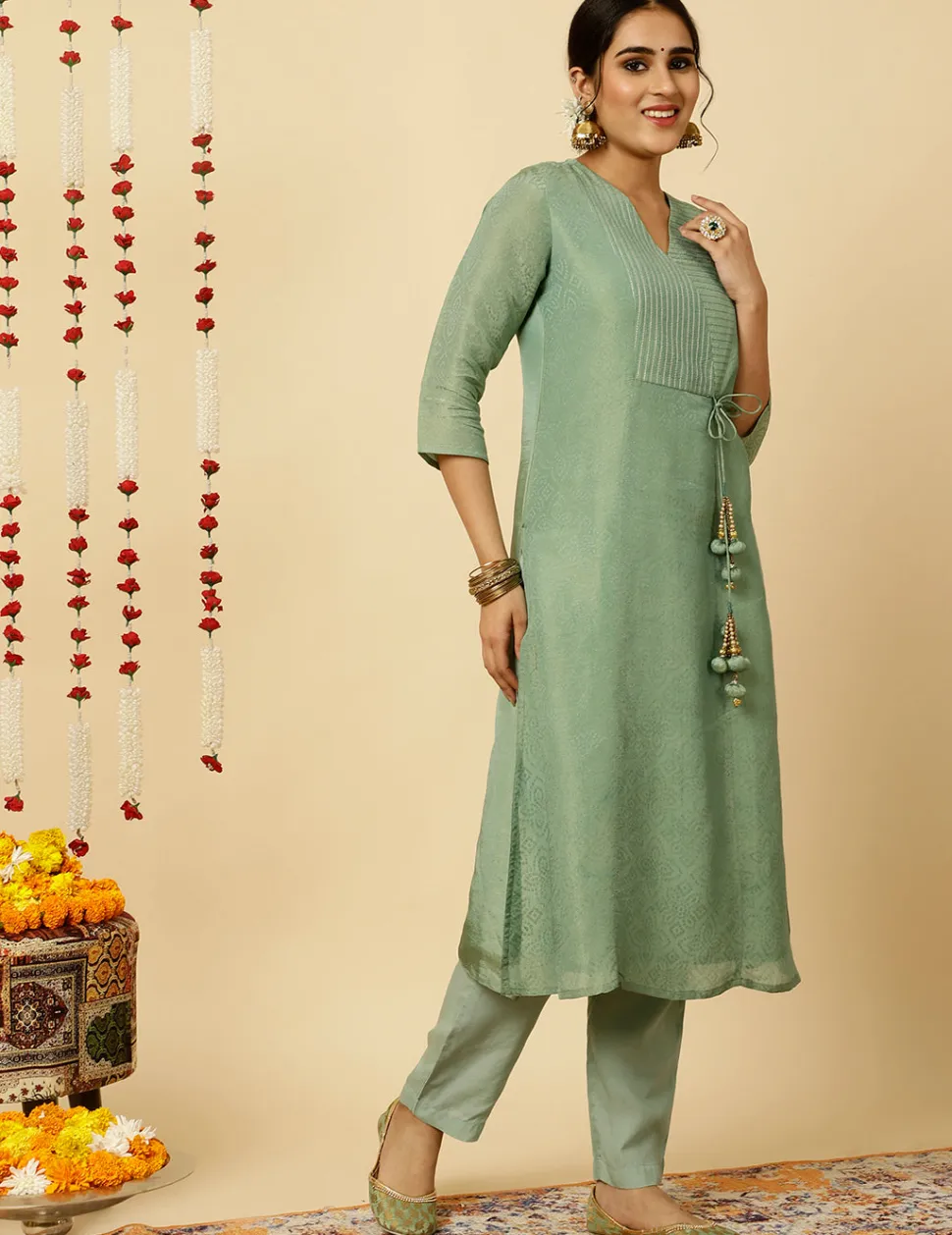 Jaipur Kurti Sea Green A-line Silk Kantha Work Kurta With Pants And Dupatta