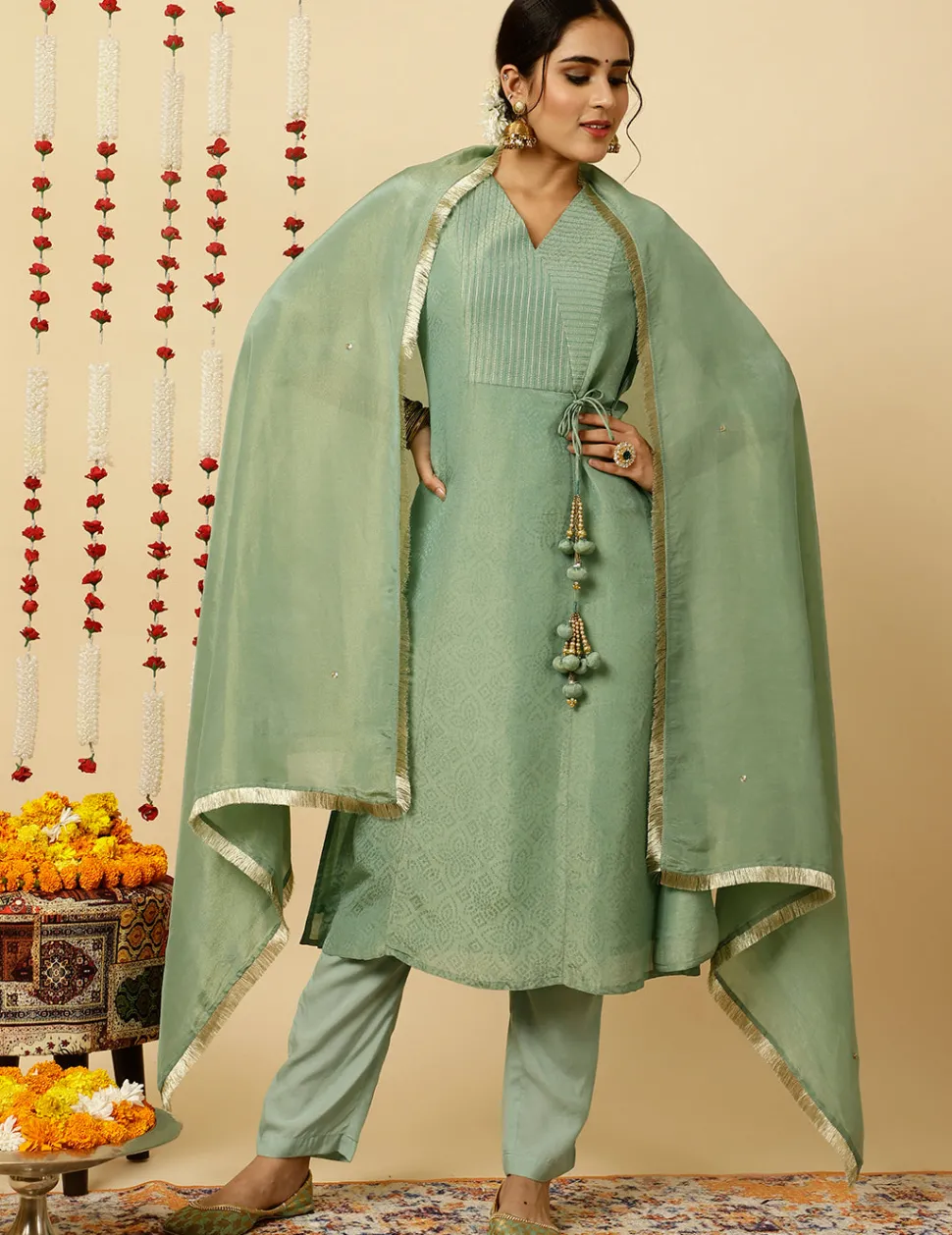Jaipur Kurti Sea Green A-line Silk Kantha Work Kurta With Pants And Dupatta