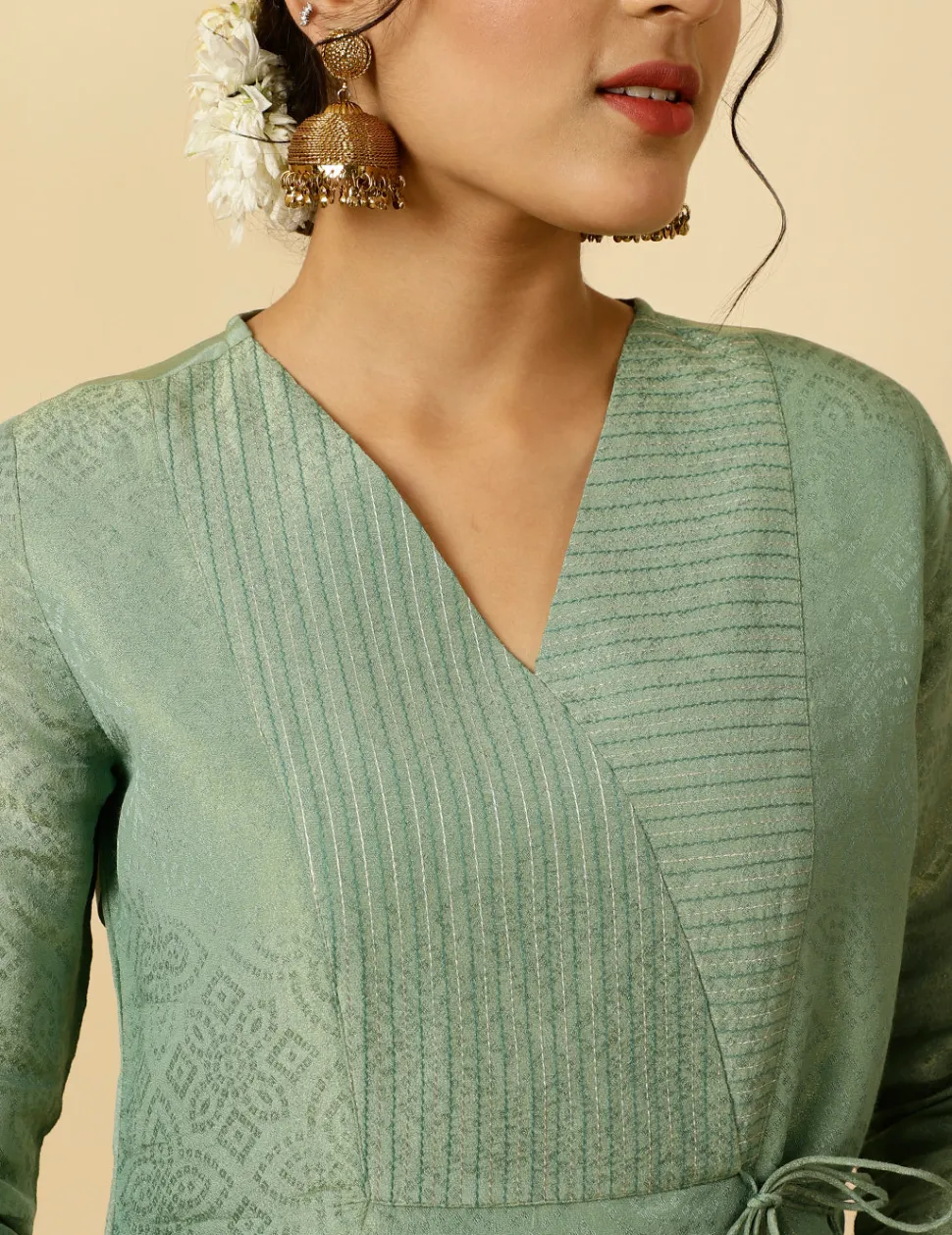 Jaipur Kurti Sea Green A-line Silk Kantha Work Kurta With Pants And Dupatta