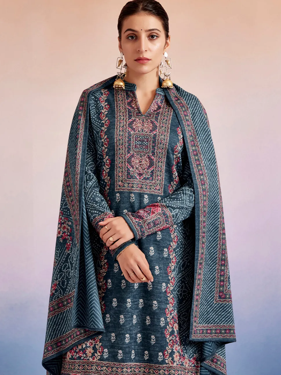 Jaipur Kurti Sea Green Woolen Floral Printed Kurta Set With Dupatta
