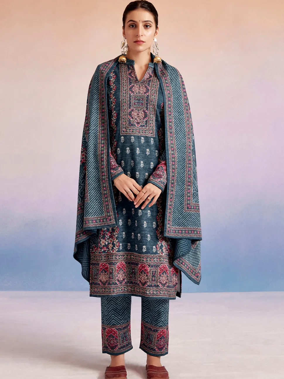 Jaipur Kurti Sea Green Woolen Floral Printed Kurta Set With Dupatta