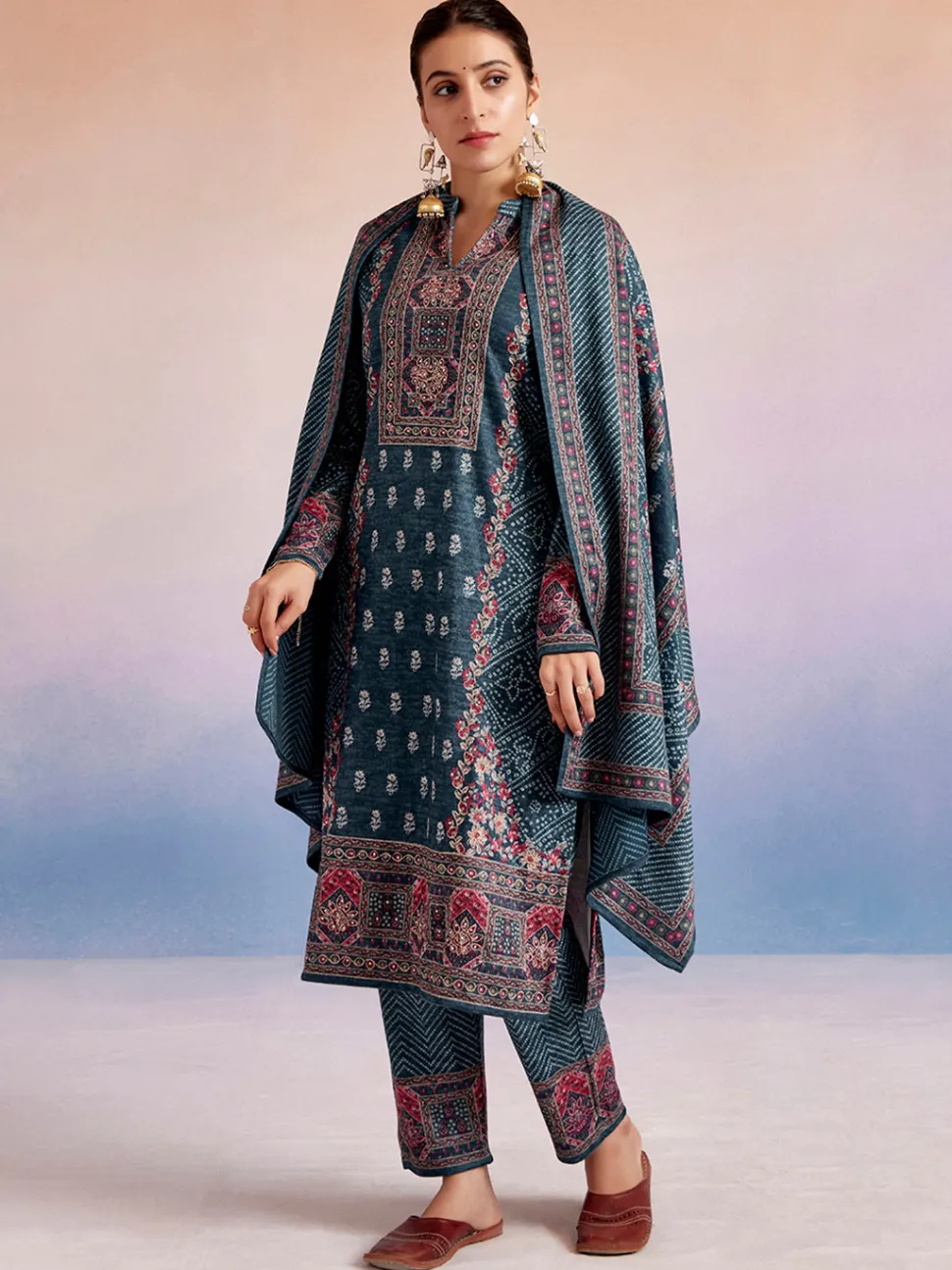 Jaipur Kurti Sea Green Woolen Floral Printed Kurta Set With Dupatta