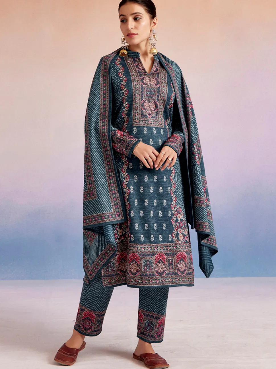 Jaipur Kurti Sea Green Woolen Floral Printed Kurta Set With Dupatta