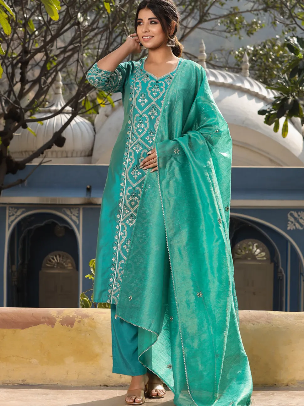 Jaipur Kurti Straight Embroidered Kurta with Pants & Dupatta