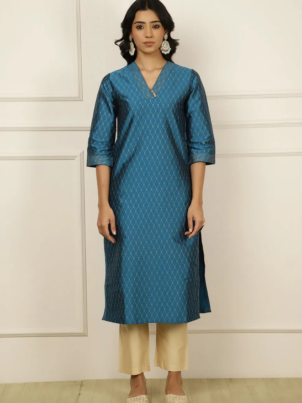 Jaipur Kurti Teal Blue Ethnic Printed Straight Kurta