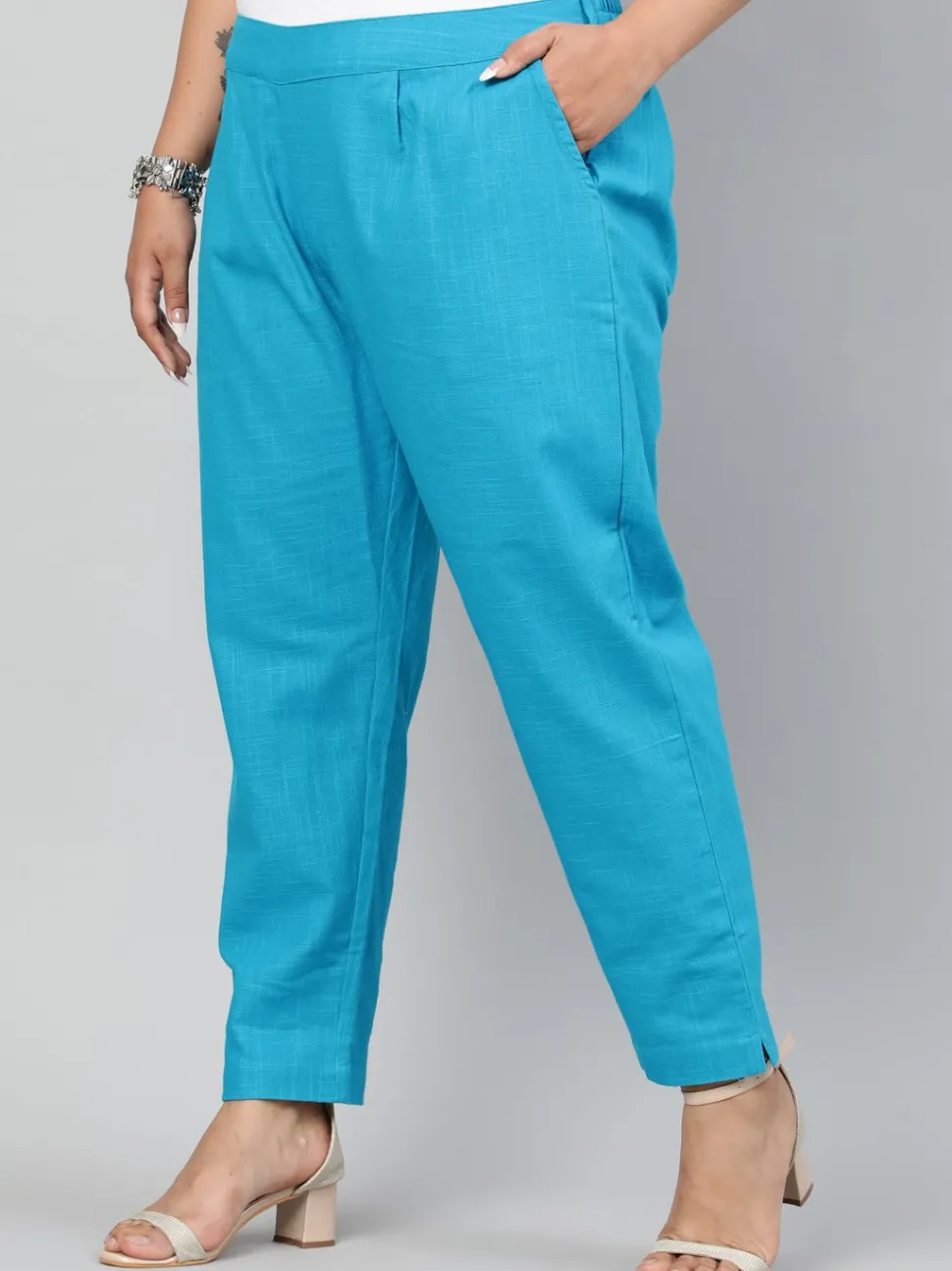 Jaipur Kurti Turquoise Plus Size Ethnic Wear Cotton Slub Pants
