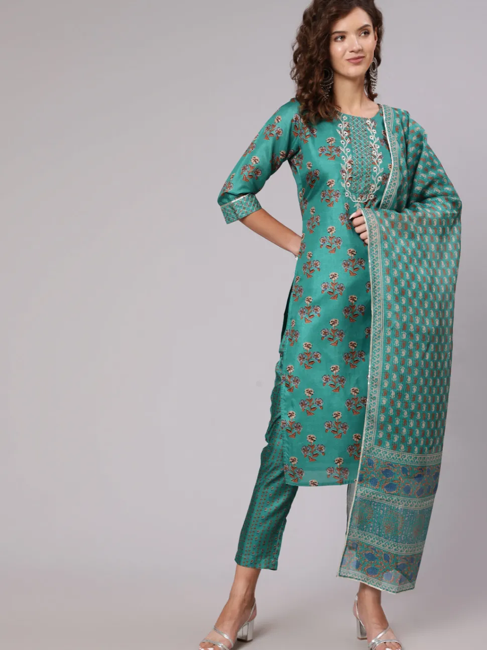 Jaipur Kurti Tussar Silk Digital Printed Zari Embriodered Kurta With Palazzo And Dupatta