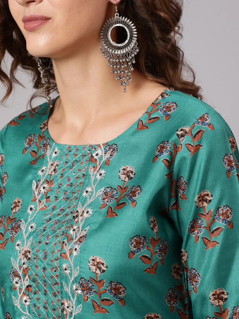 Jaipur Kurti Tussar Silk Digital Printed Zari Embriodered Kurta With Palazzo And Dupatta