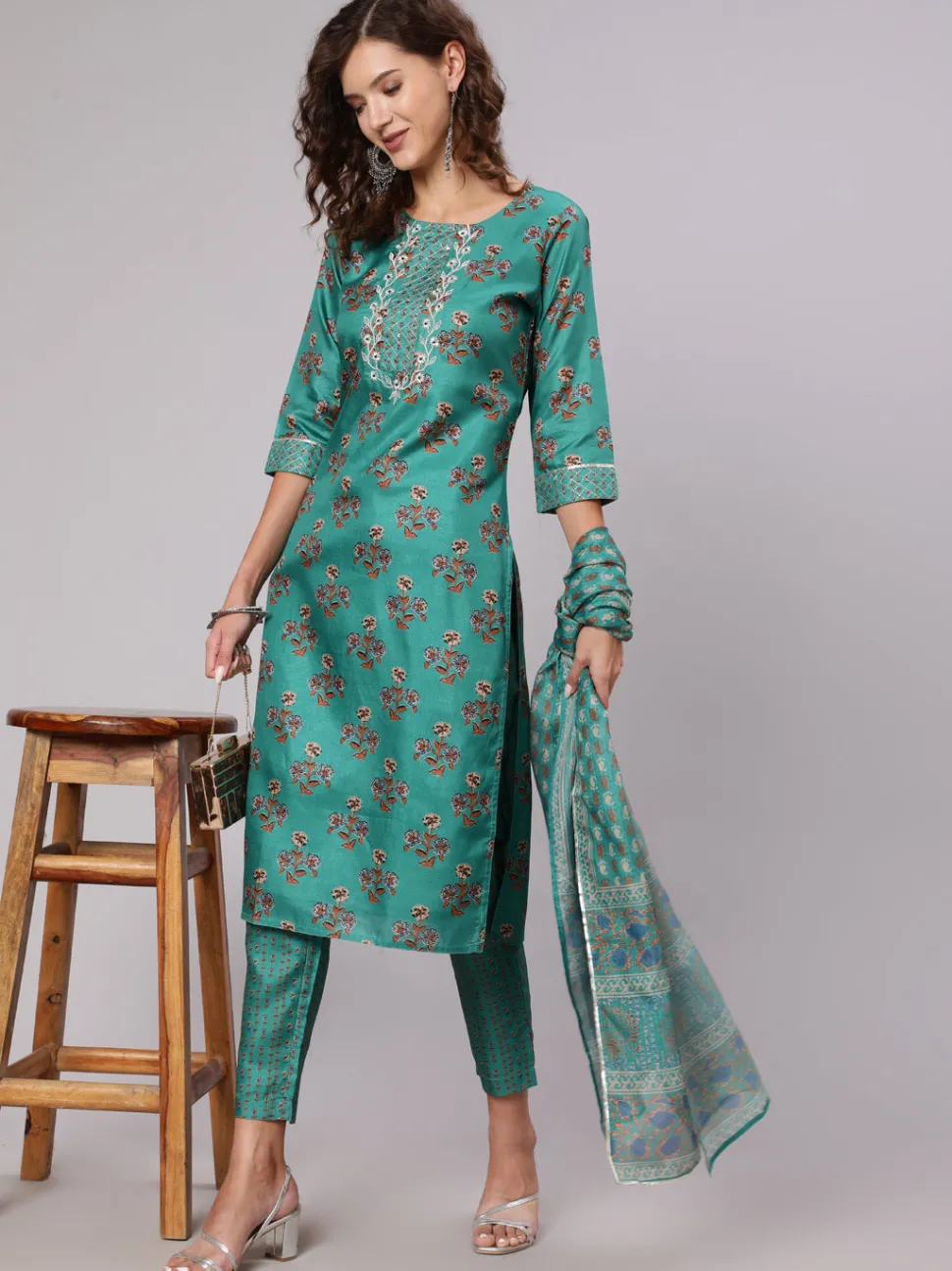 Jaipur Kurti Tussar Silk Digital Printed Zari Embriodered Kurta With Palazzo And Dupatta