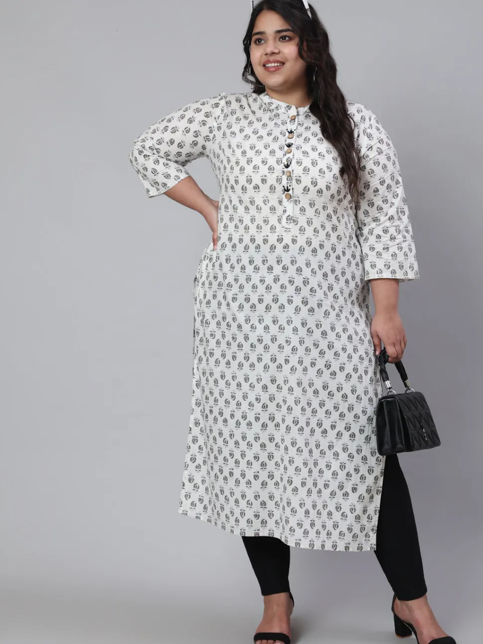 Jaipur Kurti White & Plus Size Straight Fit Cotton Embroidered Kurta