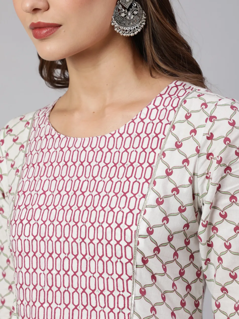 Jaipur Kurti White & Magenta Pink Ethnic Printed Flared Kurta With Pants & Dupatta