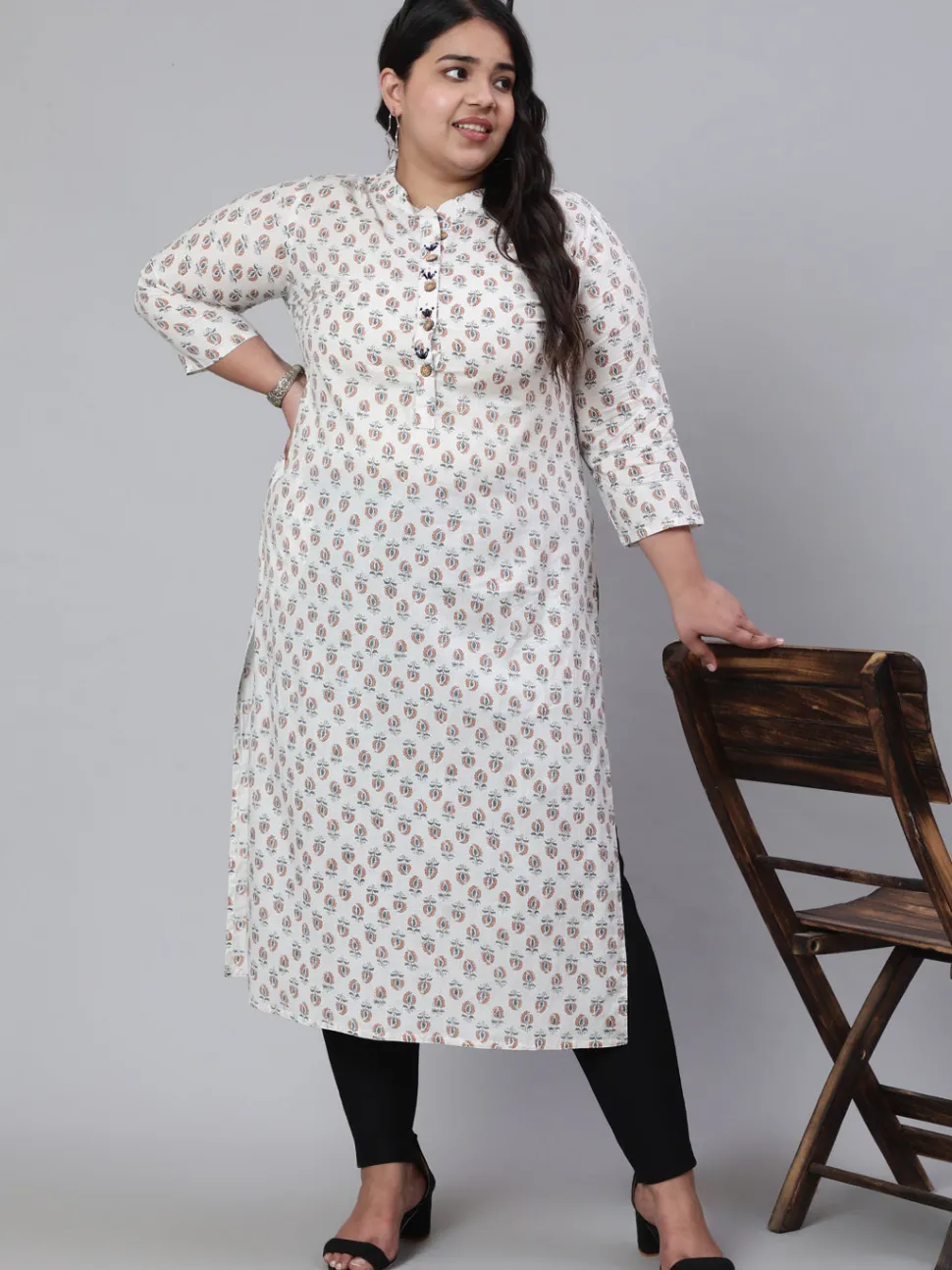 Jaipur Kurti White & Plus Size Straight Fit Cotton Embroidered Kurta
