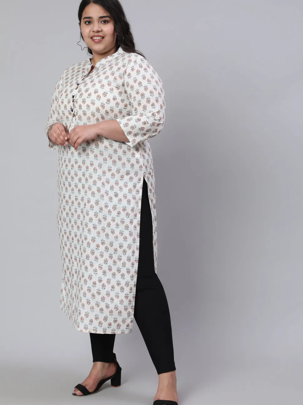 Jaipur Kurti White & Plus Size Straight Fit Cotton Embroidered Kurta