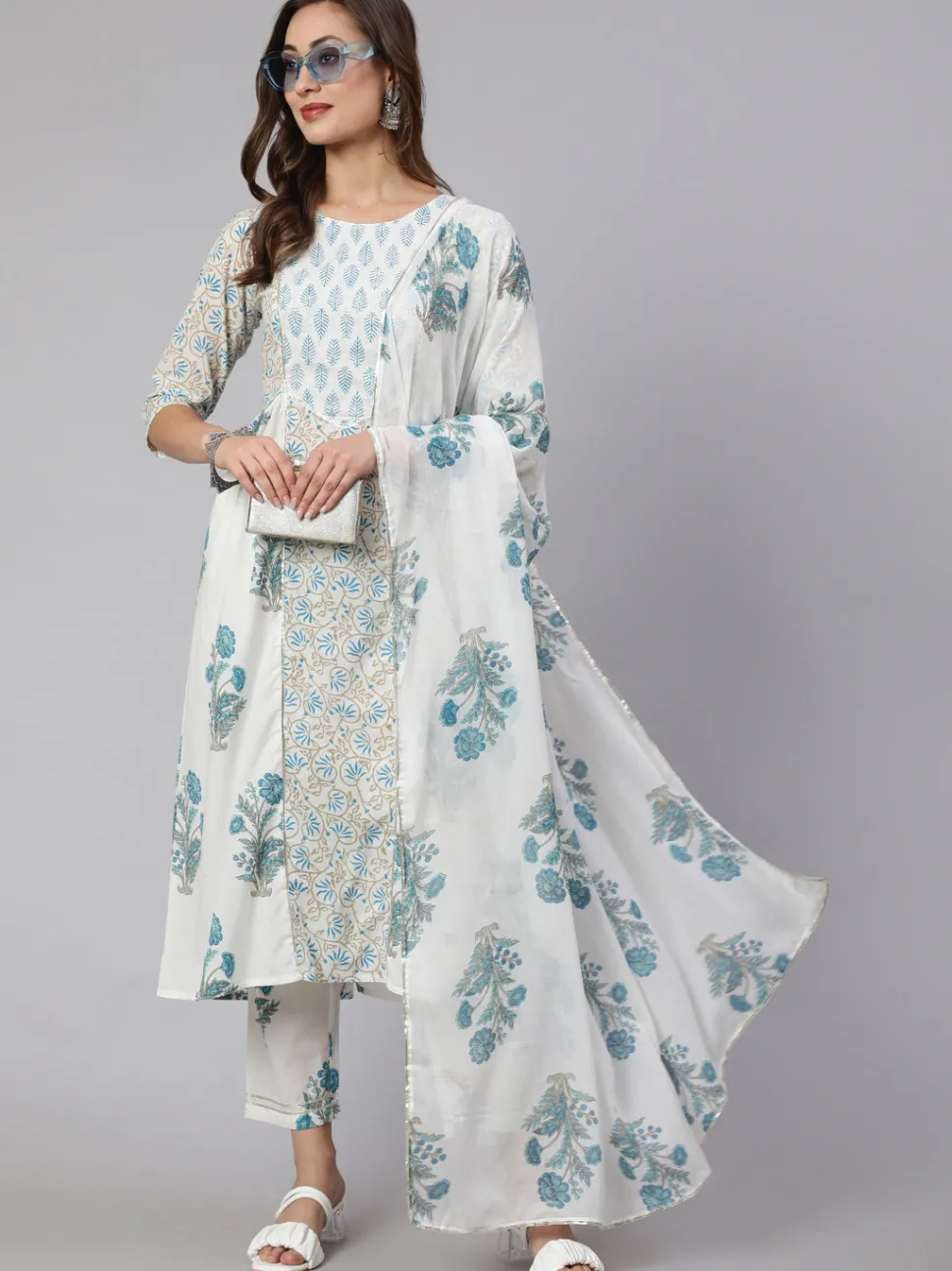Jaipur Kurti White & Turquoise Blue Ethnic Printed Flared Kurta With Pants & Dupatta