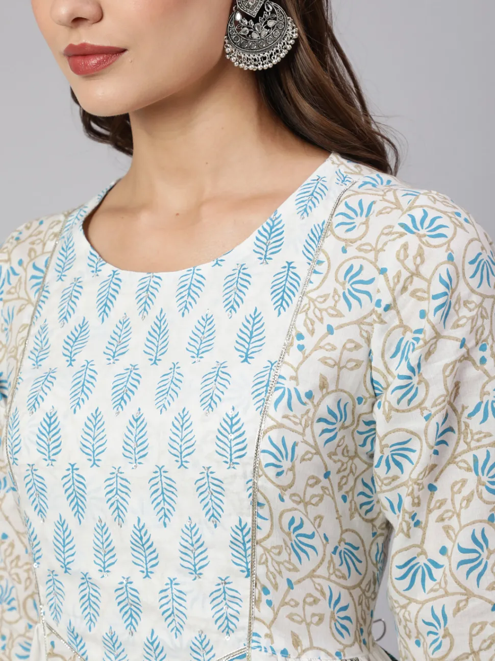 Jaipur Kurti White & Turquoise Blue Ethnic Printed Flared Kurta With Pants & Dupatta