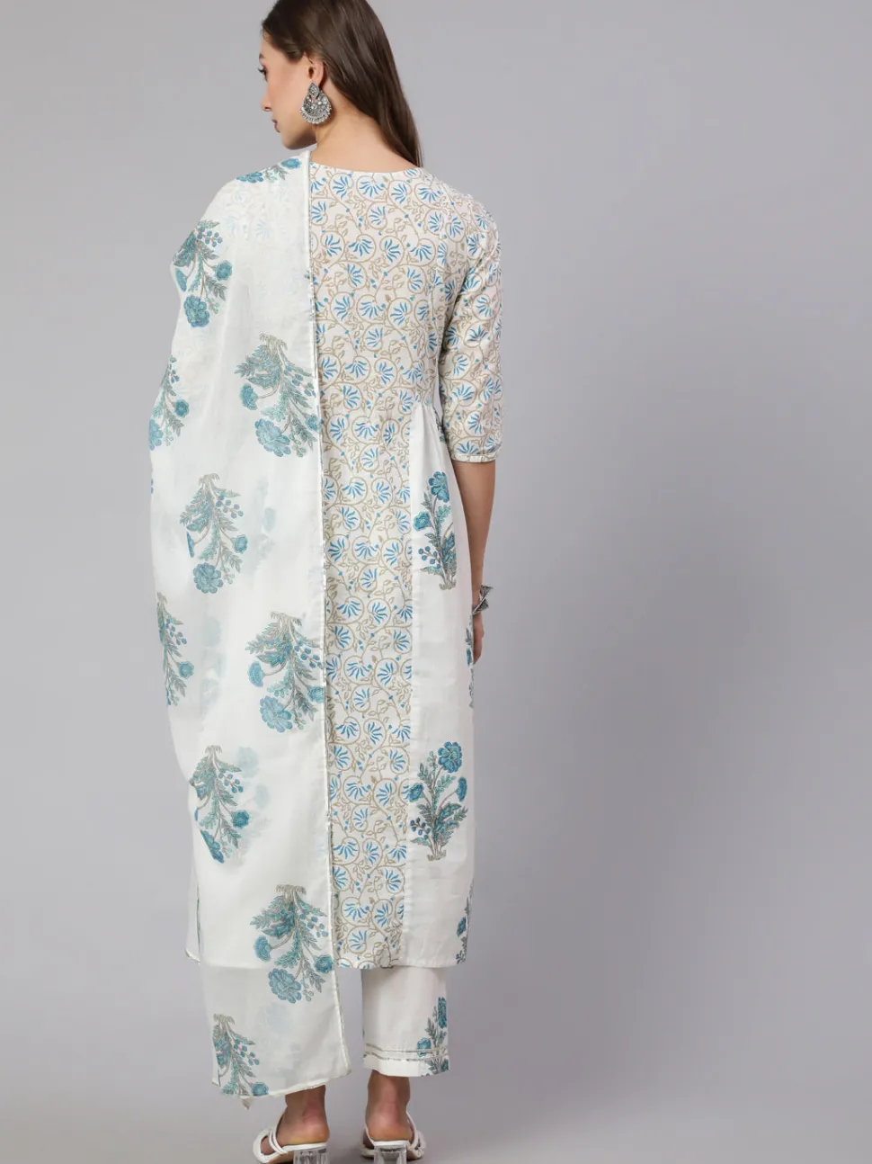 Jaipur Kurti White & Turquoise Blue Ethnic Printed Flared Kurta With Pants & Dupatta
